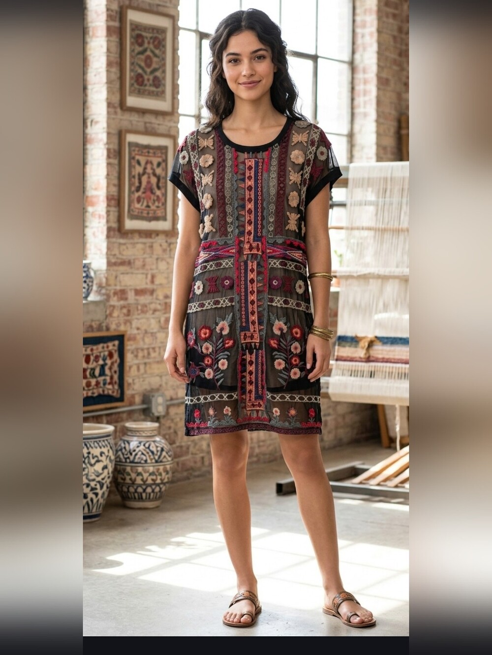 Johnny Was Biya Black Red Cotton Blend Mini Dress M